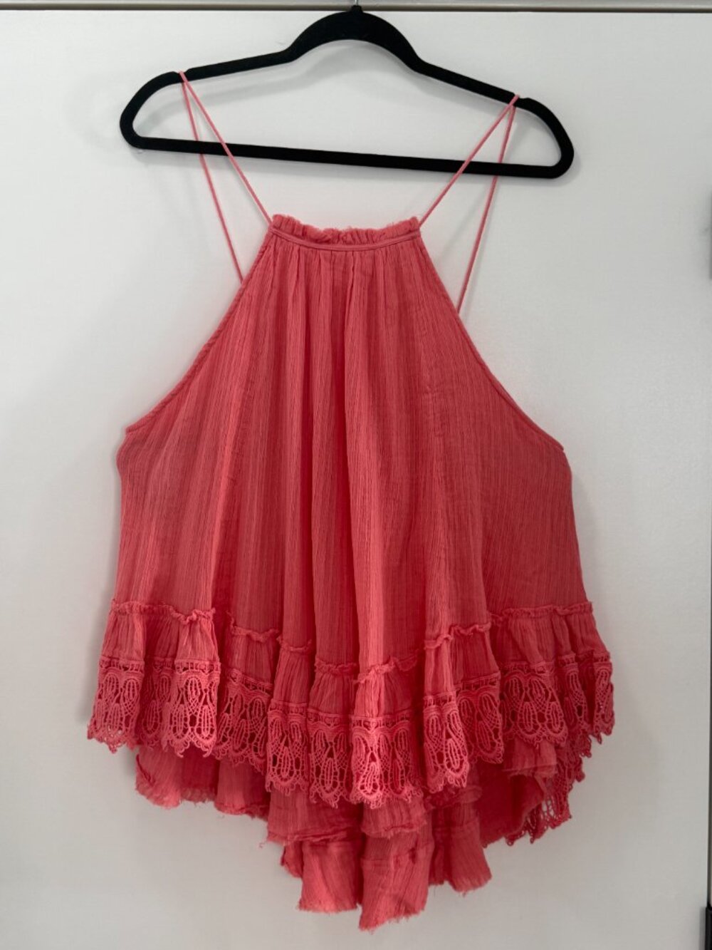 Free People Red Crinkle Lace Trim Tunic Blouse - Medium